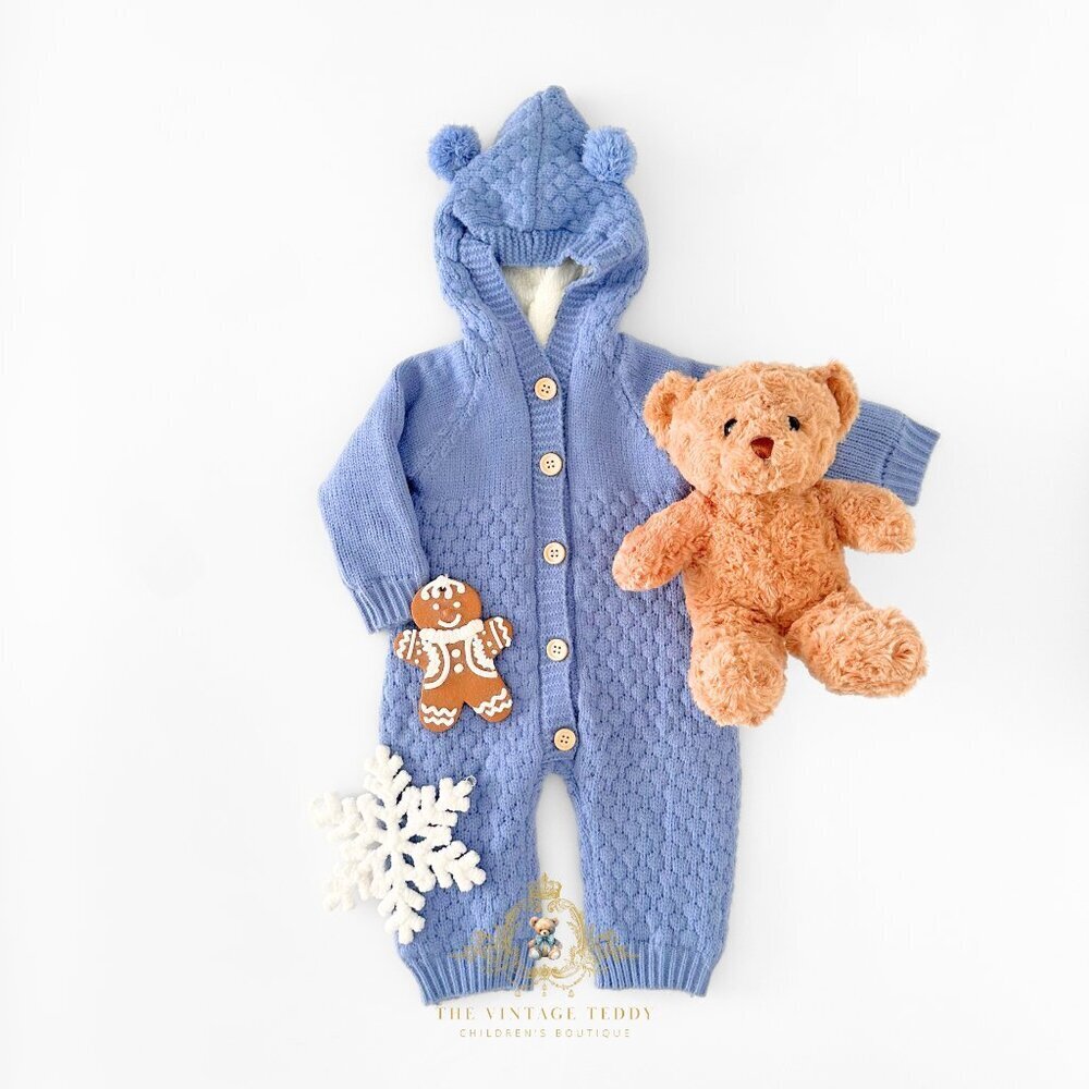 NWT Cute Girls Knit One-piece Bodysuit Sweater Teddy Bear Hoodie Blue 6-12M